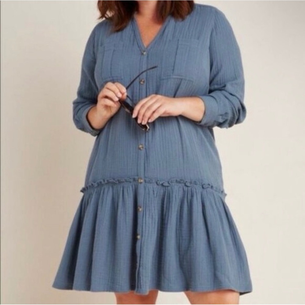 Maeve Anthropologie Blue Button Front Ruffle Hem Mini Dress Petite 10P